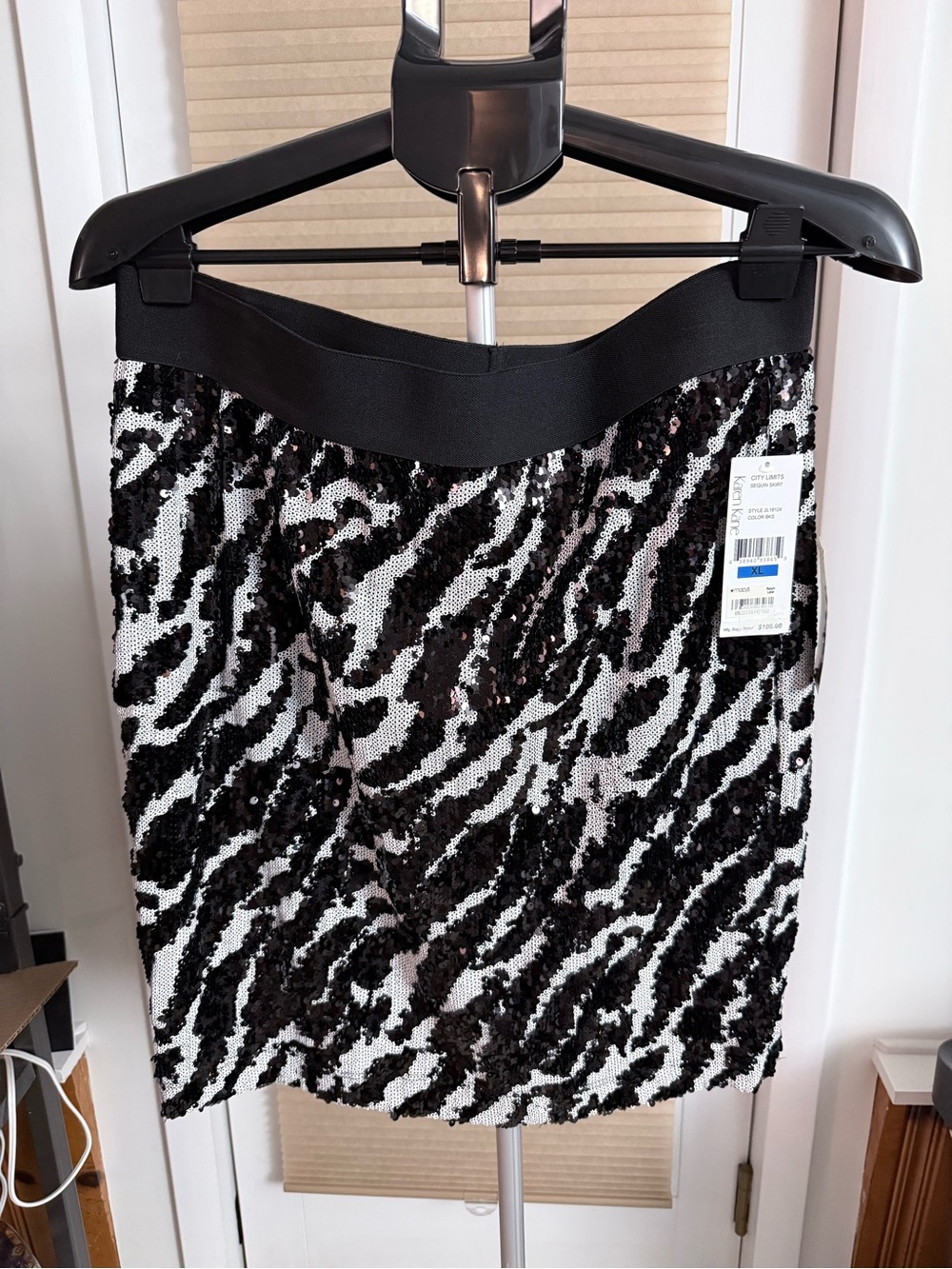 Karen Kane black & white zebra print stretch sequin mini skirt XL NWT fun flirty